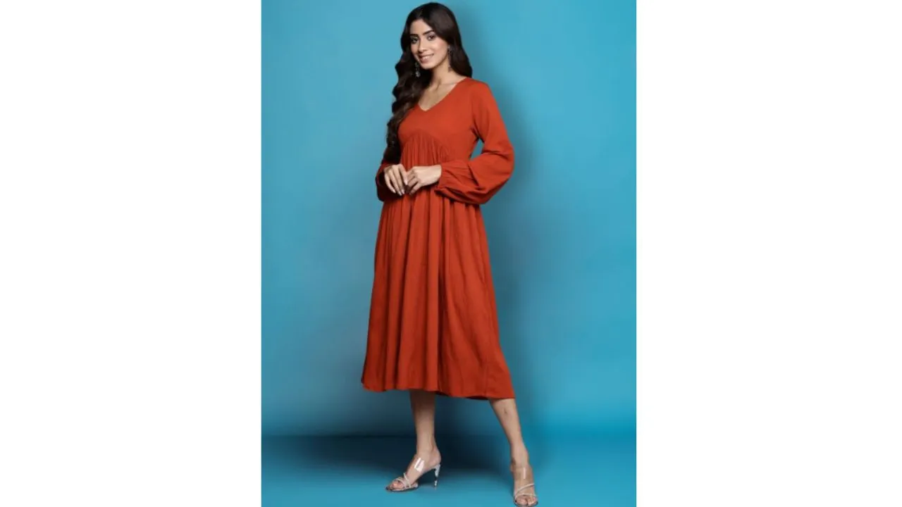 Rust Alia Cut Puff Sleeve A line Midi Dress